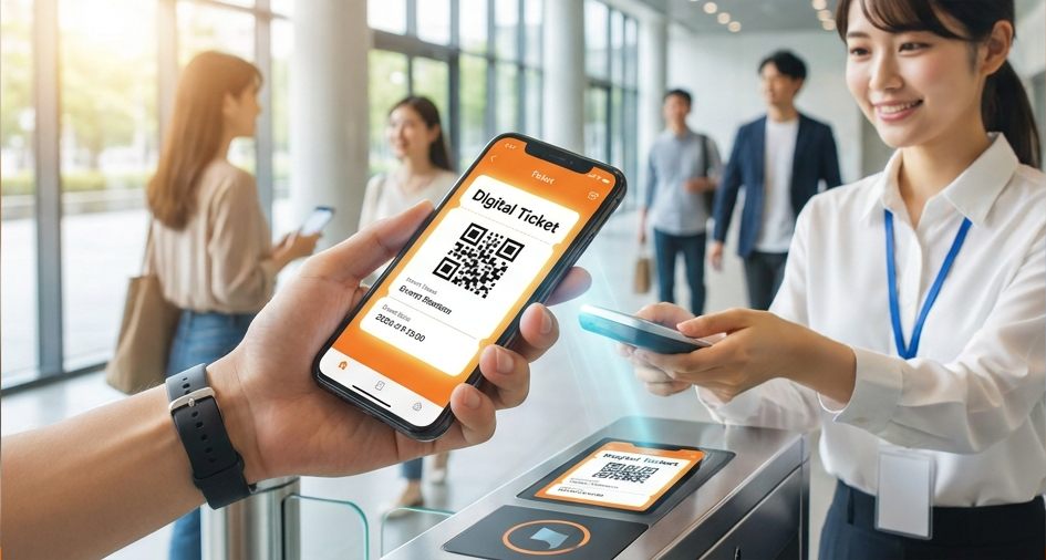 スマートフォンの電子チケットを入場口で提示する様子